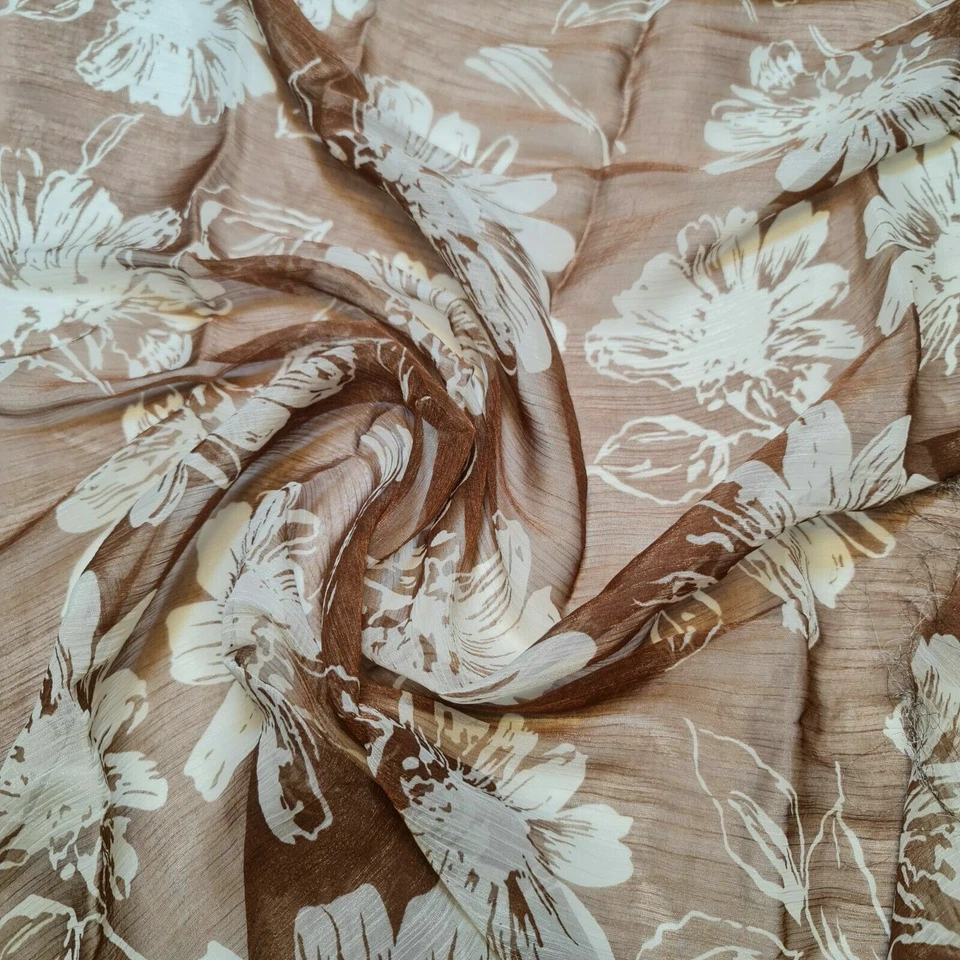 Brown Polyester Crinkle Chiffon Floral Print Dress Scarf Fabric 150 cm - Image 1 of 2