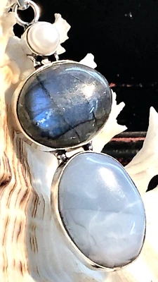 LARGE 2 3/4" Natural Owyhee Blue Opal & Labradorite Pendant .925 Sterling Silver - Image 1 of 4