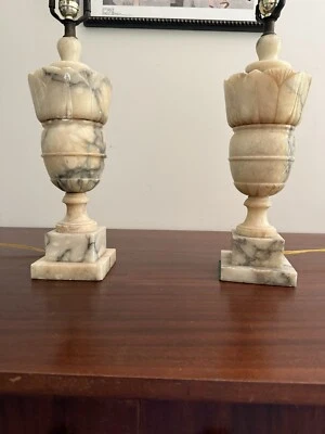 Rare Pair Vintage Italian Alabaster Urn Table Lamps Hand Carved Marble Look - Image 1 of 4
