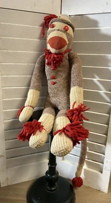 True vintage sock monkey old red buttons primitive make-do doll 1940s/50s - Image 1 of 4