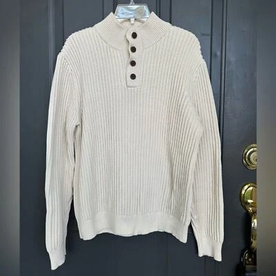 L.L.Bean Men's Sweater Medium Reg Quarter Button Mock Neck Ribbed Cotton Beige - Image 1 of 4