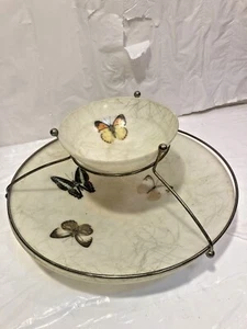 Vtg MCM 2 Tier Chip & Dip Set Plastic Tray Bowl Brass Metal Frame Butterfly Moth - Picture 1 of 8