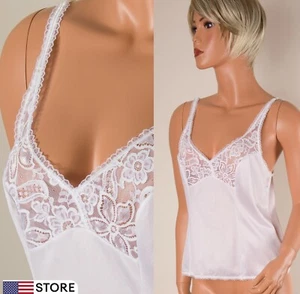 💖BALI White Cami Tank Top Slip Silky Nylon Adjust Strap Lace Trim 34 - Picture 1 of 12
