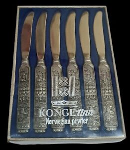 Konge Tinn Norwegian Pewter 6pcs Dessert Knives Cutlery 15.5 cm Long