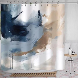 Navy Blue Abstract Shower Curtain Modern Wall Art Oil Painting Shower Curtain... - Picture 1 of 7