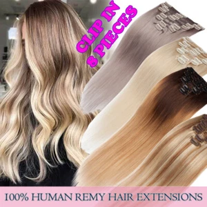 Top Clip in 8pcs Full Head 100% Remy Human Hair Extensions Ombre Balayage 8PCS - Picture 1 of 38