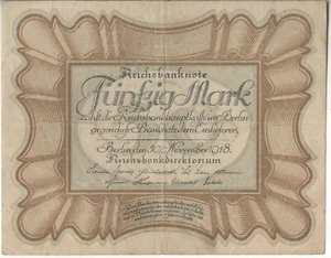 GERMANY BANKNOTE 50 P65 1918 VF Ser no var Ro 57a 1/3 types this pick - Picture 1 of 2