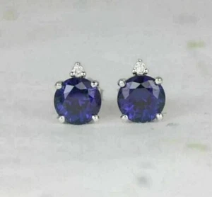 1 Ct Round Simulated Blue Sapphire Solitaire Stud Earrings 14k White Gold Plated - Picture 1 of 4