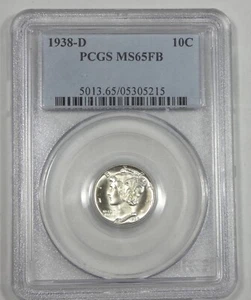 Moneda de diez centavos Mercury 1938-D certificada PCGS MS 65 bandas completas plateada 10c - Imagen 1 de 4