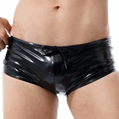 Wet Look Mens Patent Leather Boxer Shorts Swimming Drawstring Trunks Clubwear  - Image 1 of 2