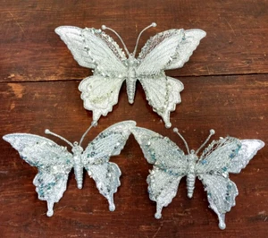 3 Clip On BUTTERFLY 9 3/4 Silver Glitter 6 3/4 HAND CRAFTED Any Season FAST SHIP - Picture 1 of 14