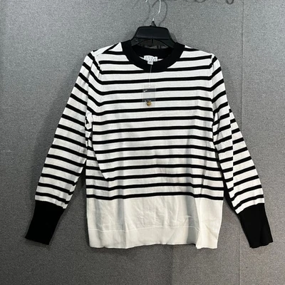 Suéter listrado Joan Rivers com botão traseiro preto/branco tamanho pequeno - Imagem 1 de 4