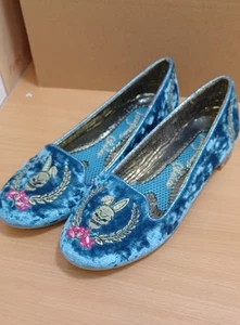 Irregular Choice Flats Pumps Uk 6.5 Blue Embroidered Sparkly Velvet Bunny Skulls - Picture 1 of 8