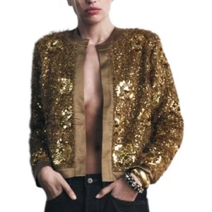 Zara Gold Sequinned Knit Open Cardigan NWT S - Picture 1 of 9