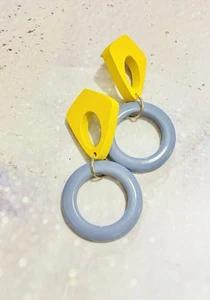 Wooden Yellow Acrylic Gray Stylish Earrings, Modern Casual, High Quality, Gift - Picture 1 of 4