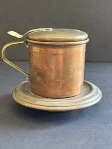 Antique Copper Coffee Filter Press Lidded 3 Pc Single Cup Brass Handles Gorgeous - Picture 1 of 24