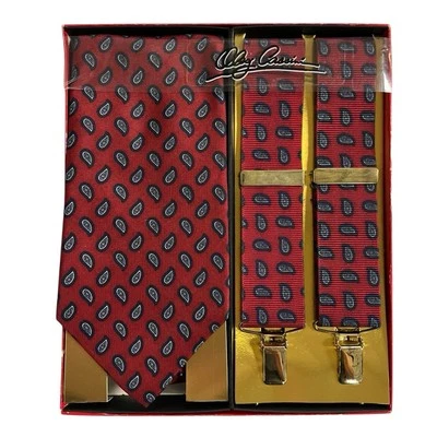 Conjunto Vintage Oleg Cassini Masculino Vermelho Paisley Floral Gravata e Suspensório Preppy Office - Imagem 1 de 4