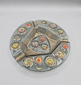 MCM signierter Higgins Studio Glas Aschenbecher Barbaric Jewels 8,25" rund 22K Gold - Bild 1 von 7