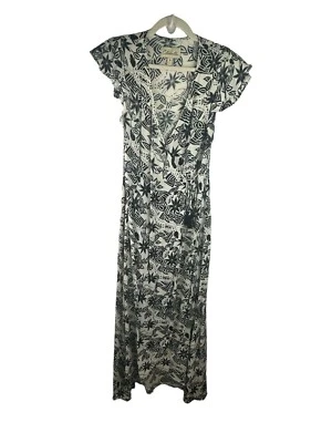 Maxi Vestido Cleobella Para Mujer Negro Blanco Floral Envolvente Cuello en V Manga Corta Talla Pequeña Foto 1 de 4