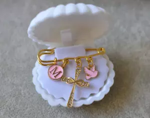 Personalized Catholic Safety Pin Brooch Baptism gift Christening Newborn gift - Picture 1 of 7