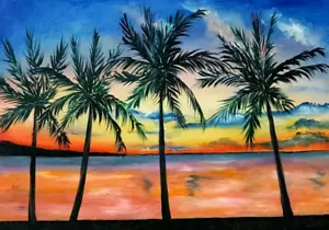 Seascape hawaiianisches Gemälde Palme Kunstwerk Sonnenuntergang Strand Originalkunst 12x8" - Bild 1 von 9