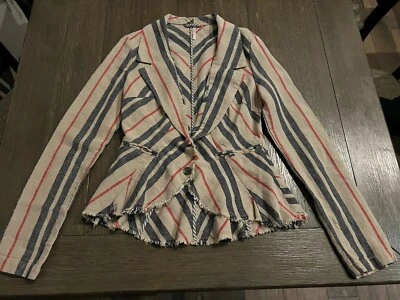 CHAQUETA/BLAZER DE LINO Free People Rojo Tostado y Azul RAYAS Talla 6 BOLSILLOS Dobladillo Crudo Foto 1 de 4