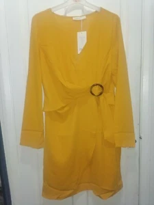 Neues Damen Wickelkleid mit Ärmeln gelb Herz und Gürtel Größe XL - Bild 1 von 6