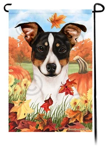 Falling Leaves Garden Flag - Tipped Tri Rat Terrier - Picture 1 of 1