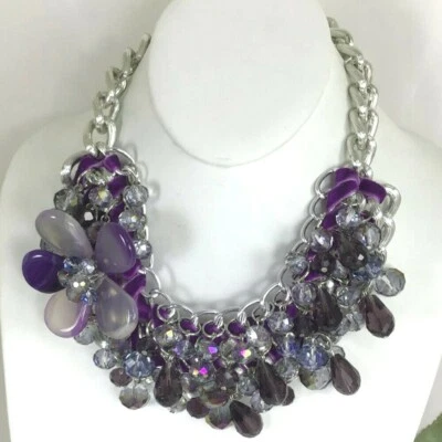 Purple Agate Flower Necklace 15-19"  Shell Pearls Silver Chain FREE SHIPPING - Image 1 of 4