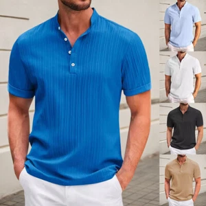Men Turn-down Collar Short Sleeve T Shirt Ladies Button V Neck Casual Top Blouse - Picture 1 of 22