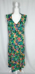 Vintage Womens Dress Medium Green Floral Watercolor Collared Half Button 80s 90s - Picture 1 of 17