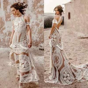 Lace Wedding Dress Boho Style Sexy Backless Mermaid Patient Retro - Picture 1 of 10