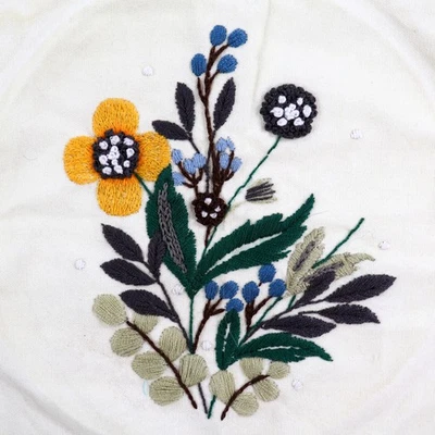 Vintage Embroidery Mod Floral Flowers Gray Yellow Delicate Earthy 10x10.5 Ferns - Image 1 of 4