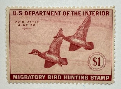 US #RW10 1943 $1 deep rose “Wood Ducks” Fed. Duck stamp MNH/VF; $120 SCV - Image 1 of 3