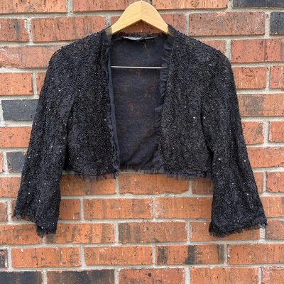 Chaqueta Floral Vintage Negra Con Cuentas Betsey Johnson Encaje Recortado Talla Foto 1 de 4