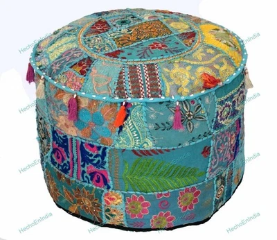 Ottoman Pouf Cover Indian Comfortable Floor Cotton Foot Stool Handmade Floral - Image 1 of 4