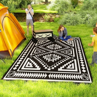 Outsunny Outdoor Rug, 9' x 18' Floor Mat, Black White Square Patchwork - Image 1 of 4