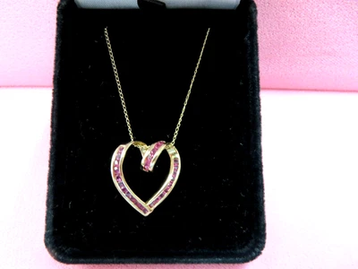 18" 10K Solid Yellow Gold Ruby Open Heart Pendant Necklace 2.75 Grams - Image 1 of 4