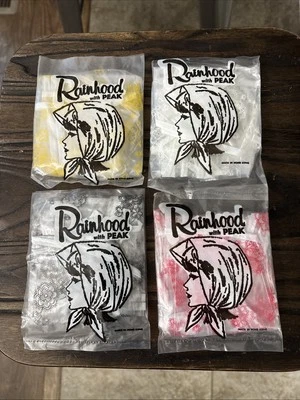 4 Vintage Floral Clear Plastic Rainhood Rain Bonnet with Peak Red Yellow White - Image 1 of 4