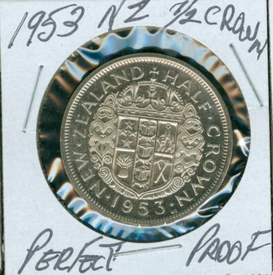 Nueva Zelanda 1953 media corona prueba perfecta arco iris tonificado. Foto 1 de 2