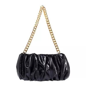 Schwarz glänzend Leder Tasche Clutch Handtasche Gold Kette Rüschen Boho Handtasche minimalistisch - Bild 1 von 7