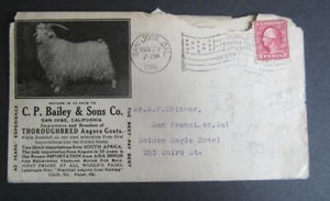 C.P. antiguo vintage 1915 Bailey - CUBIERTA PUBLICITARIA ANGORA GOATS - San José CA. - Imagen 1 de 2