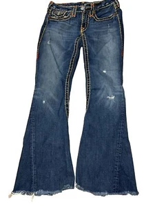 Women's True Religion Joey Super T Stitched Flare Bottom Jeans 29 Y2k Distressed - Picture 1 of 7