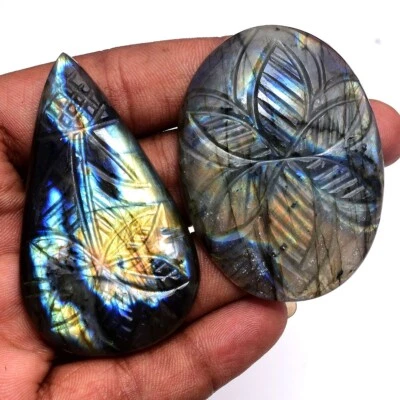 2 Pcs Natural Labradorite Pendant Size Hand Carving Flashy Loose Gemstones Lot - Image 1 of 4