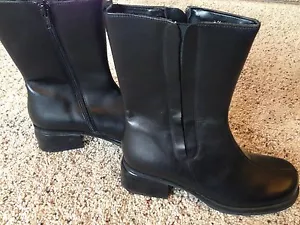 BLACK mid-calf LEATHER BOOTS Womens Sz 6.5M ZIPPER w stretch side. NEW Helice - Picture 1 of 8