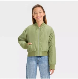 Art Class Kids Zip-Up Cropped Winter Heavyweight Bomber Jacket, Green, MEDIUM(8) - Picture 1 of 7