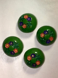 4 Glass Vintage Green Buttons With Inset Colorful Flower Designs- So Attractive! - Picture 1 of 4