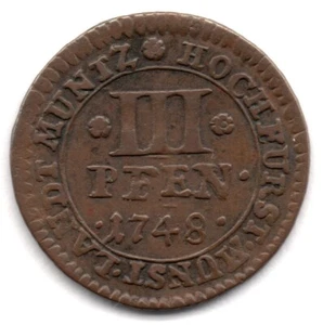 German States Bishopric of Münster 3 Pfennig 1748 Clemens August I Bayern (#24) - Picture 1 of 3