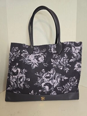VICTORIA'S SECRET Black And Lavender Floral Weekender Logo Tote Travel Bag EUC - Image 1 of 4