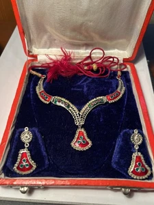 Vintage filigran Silber indisch Jaipur rot & grün Emaille Halskette & Ohrring Set - Bild 1 von 8